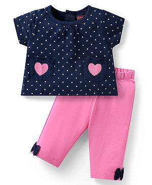 Babyhug Cotton Knit Half Sleeves Night Suit with Utility Pockets & Bow Applique Heart & Polka Dots Print - Blue & Pink