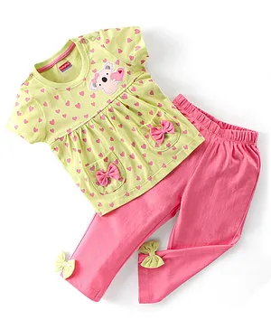 Babyhug Cotton Knit Half Sleeves Heart Printed Night Suit with Bow Applique - Yellow & Pink