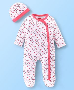 Babyhug Cotton Full Sleeves Sleep Suit With Cap Hearts Print- White
