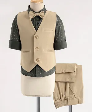 Kookie Kids Full Sleeves T-Shirt Waistcoat Trouser & Bow Shapes Dots Print - Beige