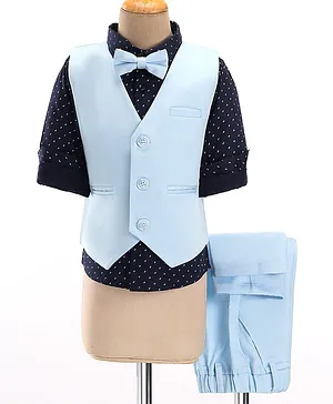 Kookie Kids Full Sleeves T-Shirt with Striped Waistcoat Trouser & Bow Tie Dots Print - Blue & Black