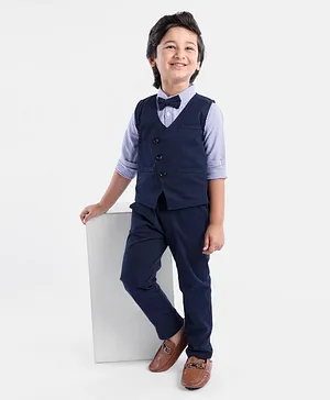 Mark & Mia Full Sleeves Checkered Party Suit with Bow Tie - Blue