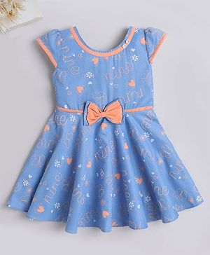 The Magic Wand Cap Sleeves Floral Printed Dress With Contrast Bow -  Blue & Peach