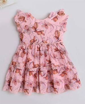 The Magic Wand Cap Sleeves All Over Flowers Printed & Pencil Striped Fit & Flare Dress - Peach