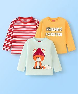 Babyhug Cotton Knit Full Sleeves T-Shirt with Graphics Pack of 3 - Red Yellow & Light Blue