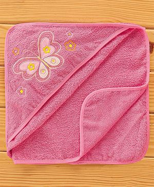 Babyhug Butterfly Embroidery Terry Hooded Bath Towel - Pink