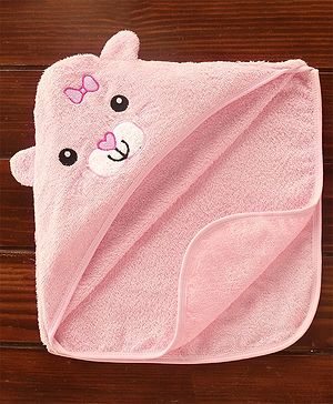 Babyhug Cat Embroidery Hooded Bath Towel L 76 x B 76 cm - Pink