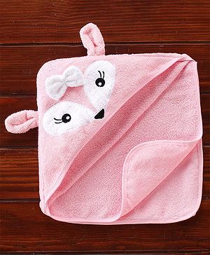 Babyhug Fox Embroidery Terry Hooded Bath Towel L 76 x B 76 cm - Pink