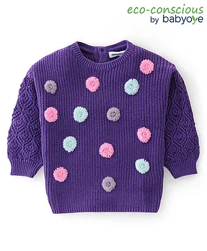 Babyoye Eco Conscious 100% Cotton Full Sleeves Sweater with Applique - Purple