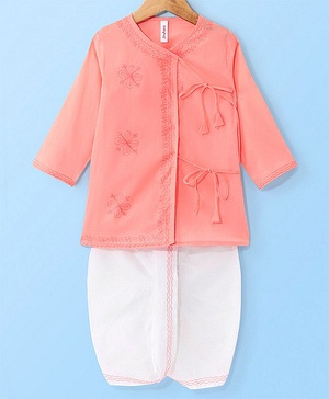 Babyhug 100% Cotton Angarakha Embroidered Full Sleeves Kurta & Dhoti Set- Pink