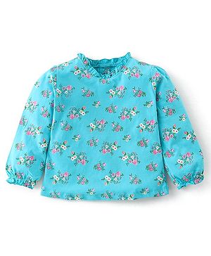 Babyhug Cotton Full Sleeves Top With Floral Graphics Frill & Bow Detailing- Light Blue