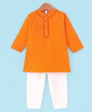 Babyhug Full Sleeves Cotton Dobby Kurta Pyjama Set - Orange