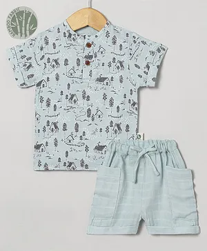 Cocoon Care Half Sleeves Super Soft Bamboo Muslin House Printed Shirt & Shorts Set - Sky Blue