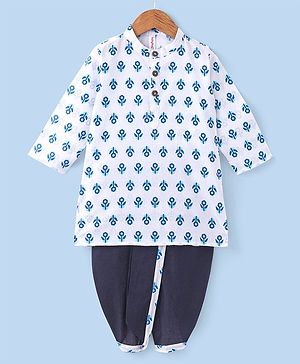 Babyhug 100% Cotton Woven Full Sleeves Kurta With Dhoti Floral Print - Navy Blue & White