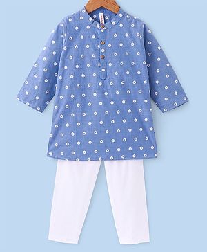 Babyhug 100% Cotton Woven Full Sleeves Kurta & Pyjama Set Floral Embroidered - Blue