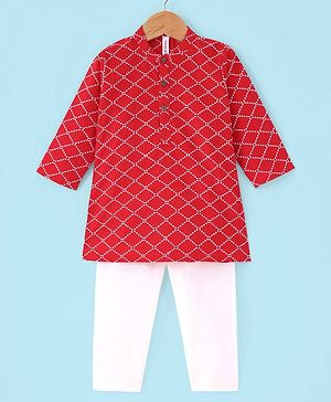Babyhug Full Sleeves 100%  Cotton Printed Kurta Pyjama Set - Red