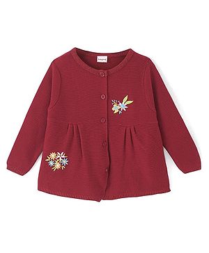 Babyhug Knit Full Sleeves Sweater With Floral Embroidery - Red