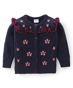 Babyhug Knit Full Sleeves Sweater With Floral Embroidery - Navy Blue