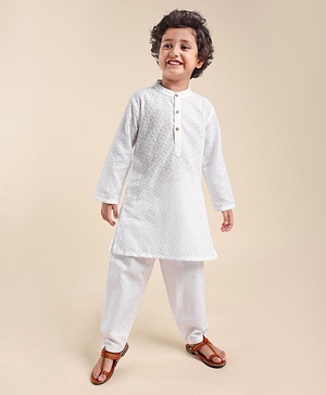 Babyhug 100% Cotton Woven Full Sleeves Kurta Pyjama Set Schiffli Embroidery - White