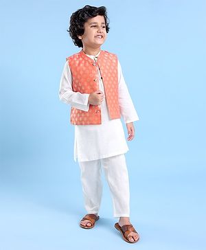 Babyhug Cotton Woven Full Sleeves Kurta Pyjama Set with Jacket - White