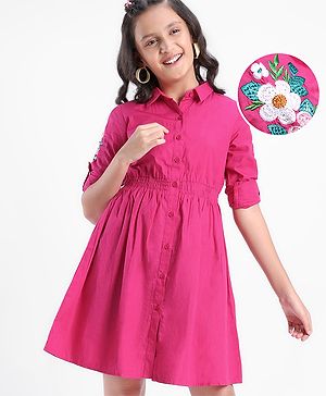 Pine Kids Cotton Full Sleeves Solid Color Embroidered Frock - Pink