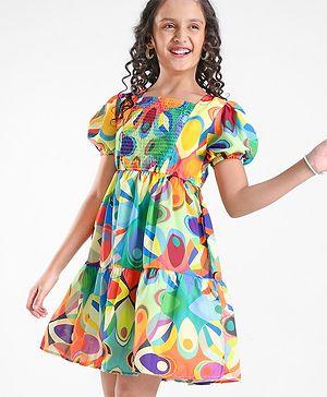 Pine Kids 100% Viscose Half Sleeves Dress Abstract Print- Green Blue & Orange