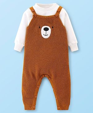 Babyhug Knitted Winter Wear Dungaree Style Romper Teddy Applique - Brown & White