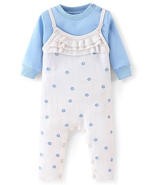Babyhug Knitted Winter Wear Dungaree Style Romper Floral Embroidery - Blue & White