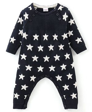 Babyhug Knit Full Sleeves Winter Wear Star Printed Romper - Navy Blue