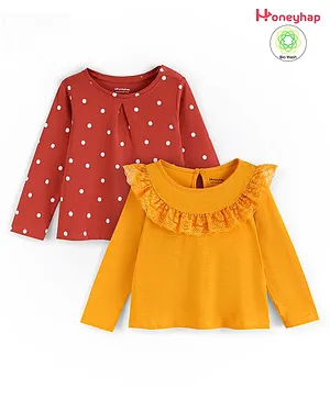 Honeyhap Premium 100% Cotton Full Sleeves T-Shirts With Bio Finish Dot Print Pack of 2- Rust & Mustard