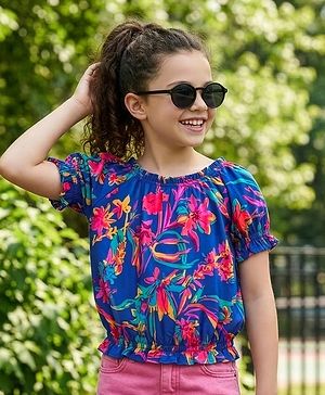 Pine Kids 100% Cotton Woven Half Sleeves Elasticated Neck Floral Print Top - Blue
