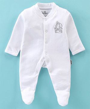 Child World Interlock Knit Full Sleeves Sleep Suits With Kid Embroidery - White