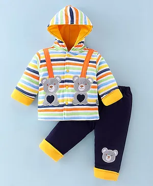 Child World Full Sleeves Winter Wear Striped Hoodie & Lounge Pant Set - Yellow & Navy