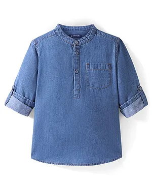 Pine Kids Denim Full Sleeves Washed Shirt With Mandarin Collar- Mid Blue