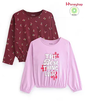 Honeyhap Premium 100% Cotton Full Sleeves T-Shirts with Bio Finish Floral Print Pack of 2- Lavendula & Maroon