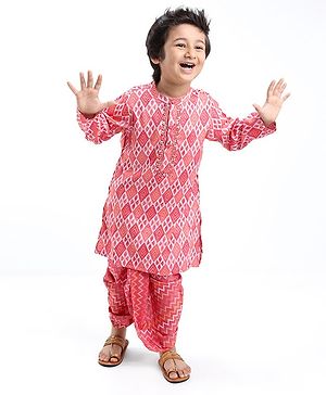 Babyhug 100% Cotton Full Sleeves Printed Kurta & Dhoti Set With Embroidery- Coral