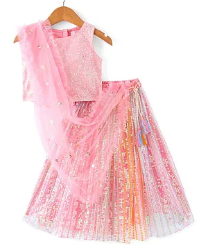 Babyhug Sleeveless Sequined Embroidered Choli Lehenga and Dupatta Set - Pink & White