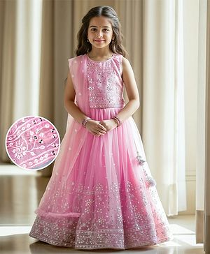 Babyhug Sleeveless Sequenced Embroidered Choli Lehenga and Dupatta Set - Pink