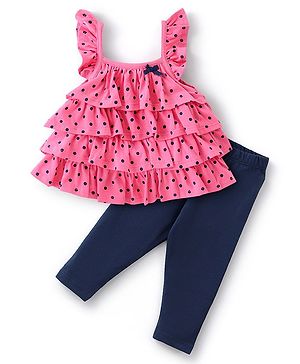 Babyhug 100% Sleeveless Cotton Top & Leggings Set Polka Dot Print- Pink & Navy Blue