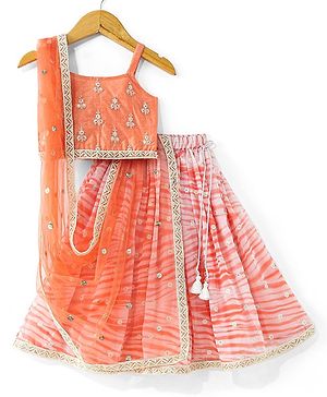 Babyhug Sleeveless Embrodered Choli with Laheriya Sequenced Lehenga and Dupatta Set - Orange