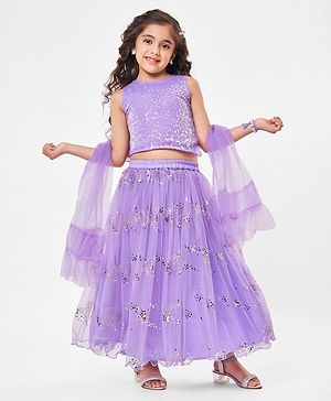 Babyhug Sleeveless Sequined Embroidered Choli with Lehenga and Dupatta  - Lavender