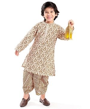 Babyhug 100% Cambric Full Sleeve Printed Dhoti Kurta Set - Beige