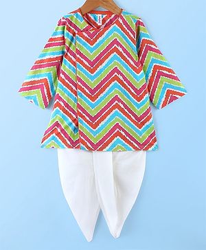 Babyhug 100% Cotton Full Sleeves Angarakha Kurta & Solid Color Dhoti Set With Chevron Print- Blue Green & Pink