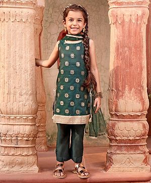 Babyhug Sleeveless Brocade Kurti With Pant And Sequenced Net Dupatta- Green