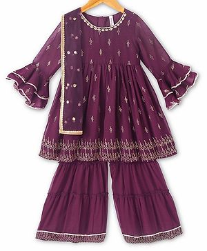 Babyhug Three Fourth Sleeves Rubber Print Kurti With Gharara And Net Dupatta- Purple