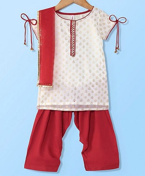 Babyhug Half Sleeves Chanderi Butti Kurti With Salwar & Net Dupatta- Ivory & Red