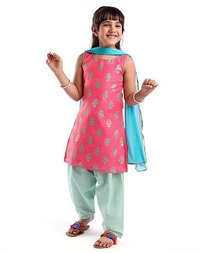Babyhug Sleeveless 2 Tone Printed Kurti With Salwar & Chiffon Dupatta- Fuschia & Turquoise