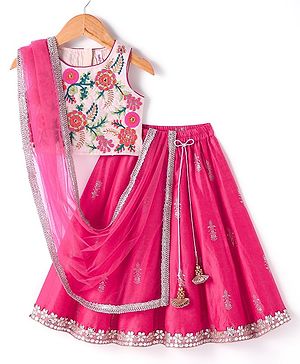 Babyhug Sleeveless Embrodered Choli with Foil Printed Pleated Lehenga and Dupatta - Fuschia