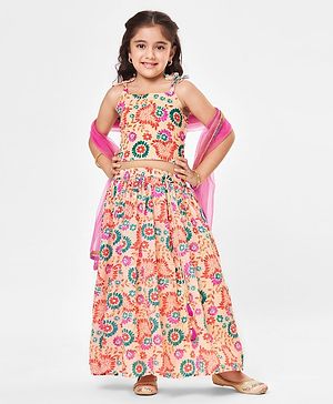 Babyhug Sleeveless Sequenced Choli With Lehenga And Dupatta Floral Print- Pink & Beige