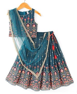 Babyhug Sleeveless Embroidered Choli Lehenga and Dupatta Set - Teal Blue